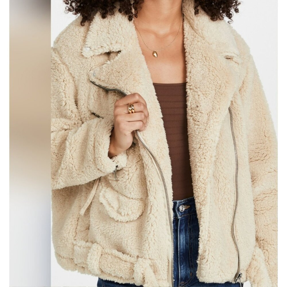 Free People We The Free Womens Cream Sherpa Moto Jacket Size M